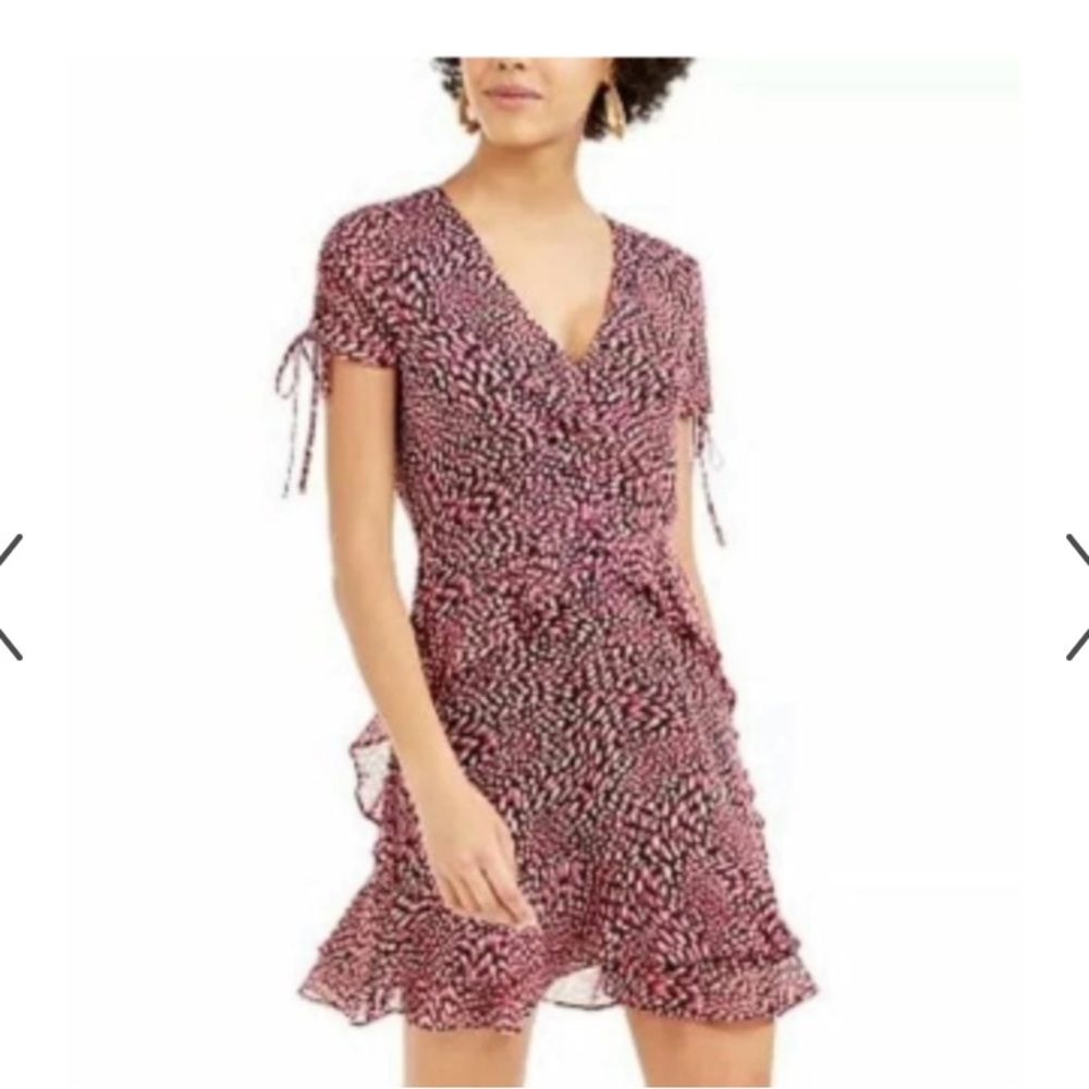 Bar III Pink Black Animal Print Ruffle Mini Dress Size 10 - Picture 2 of 13